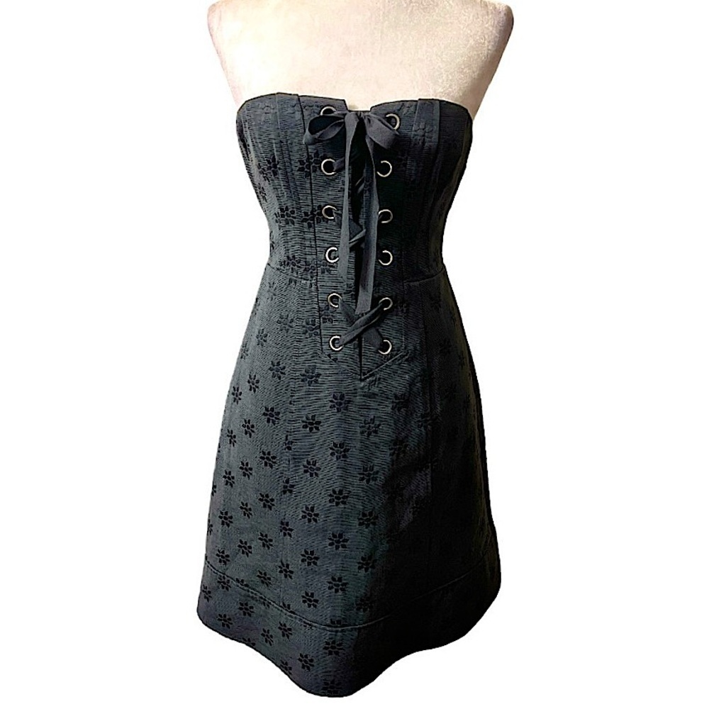 Nanette Lepore vintage Black Floral Jacquard Lace-Up Corset Mini Dress Size 2 - Picture 14 of 14